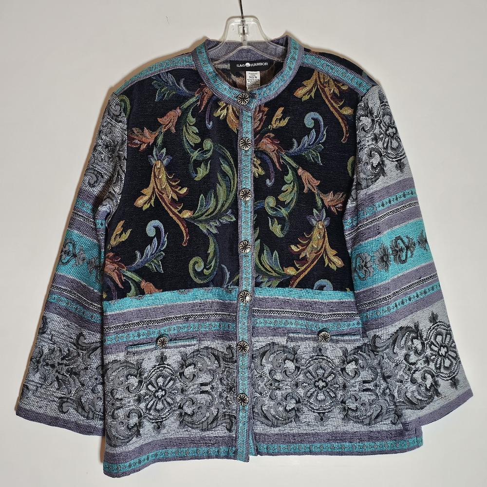 Sag Harbor Jacket Womens 14 Multicolor Tapestry Floral Brocade Boho Rainbow VTG